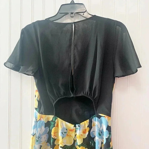 Club Monaco Size 4 Black Yellow Coran Floral Flutter-Sleeve Midi Dress NEW! - Picture 10 of 11